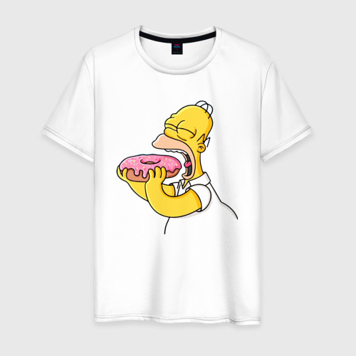 Мужская футболка из хлопка с принтом Гомер Симпсон нацелился на пончик, вид спереди №1