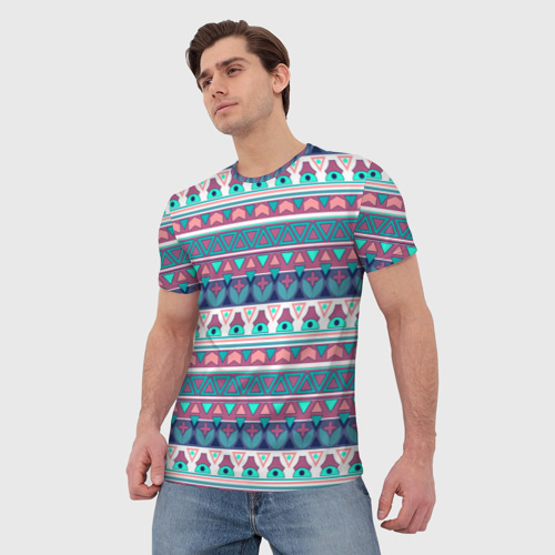 Мужская футболка 3D с принтом Этнический орнамент терракотово-серый полосатый, фото на моделе #1