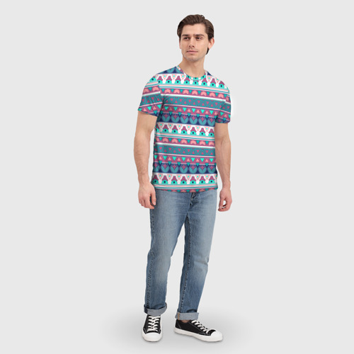 Мужская футболка 3D с принтом Этнический орнамент терракотово-серый полосатый, вид сбоку #3