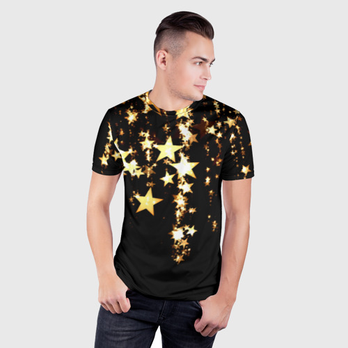 Мужская футболка 3D Slim Золотые праздничные звезды, цвет 3D печать - фото 3