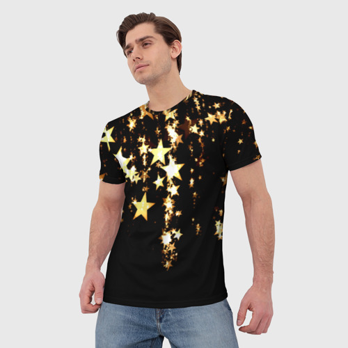 Мужская футболка 3D Золотые праздничные звезды, цвет 3D печать - фото 3