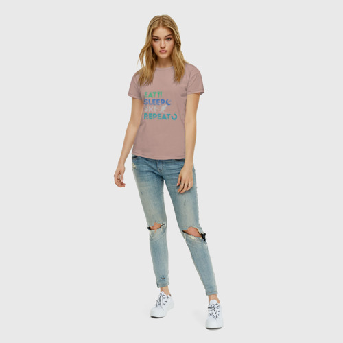 Женская футболка хлопок Еда, сон, лыжи, цвет пыльно-розовый - фото 5