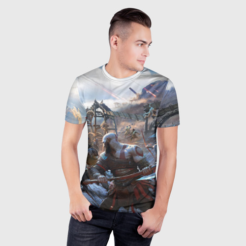 Мужская футболка 3D Slim Кратос и Атрей против демонов GoW Ragnarok, цвет 3D печать - фото 3