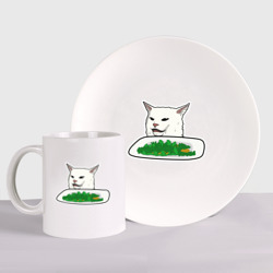 Набор: тарелка + кружка Мем кот с салатом