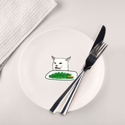 Тарелка с принтом Мем кот с салатом для любого человека, вид спереди №2. Цвет основы: белый