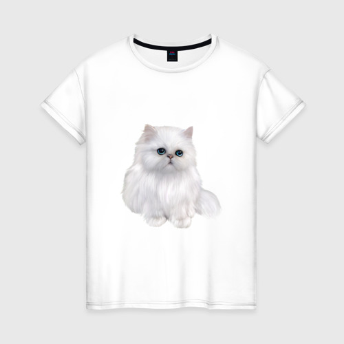 Женская футболка из хлопка с принтом Белый персидский кот, вид спереди №1