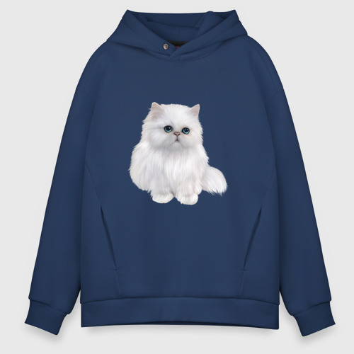 Мужское худи Oversize хлопок Белый персидский кот, цвет темно-синий