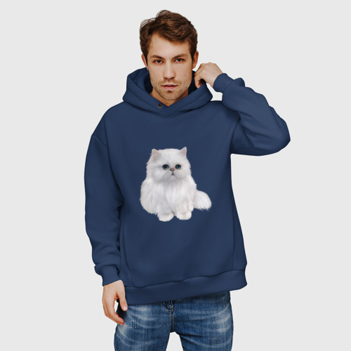 Мужское худи Oversize хлопок Белый персидский кот, цвет темно-синий - фото 3