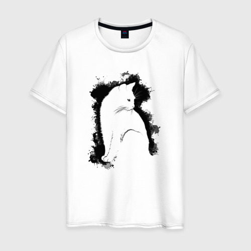 Мужская футболка из хлопка с принтом Акварельный кот, вид спереди №1