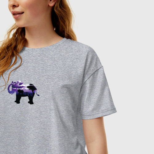 Женская футболка хлопок Oversize Силуэт слона и фиолетовый пейзаж, цвет меланж - фото 3
