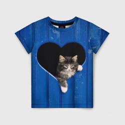 Детская футболка 3D Котёнок в дырке в заборе в виде сердца