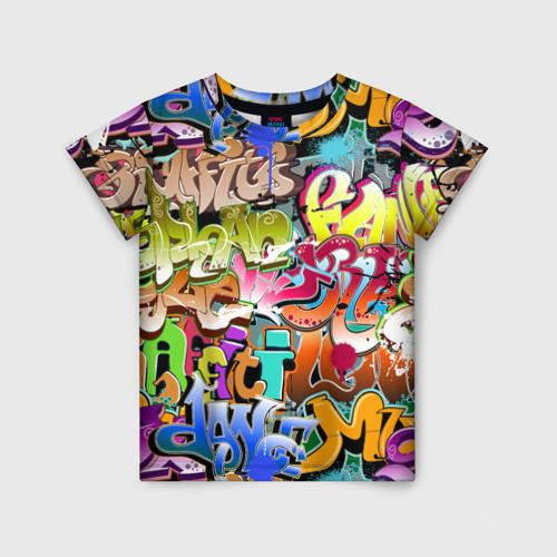 Детская футболка 3D с принтом Надпись и краска граффити, вид спереди #2