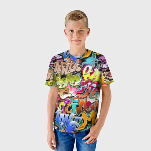Детская футболка 3D с принтом Надпись и краска граффити, фото на моделе #1