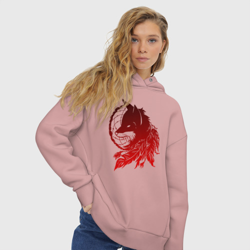 Женское худи Oversize хлопок Ловец снов и лис с перьями, цвет пыльно-розовый - фото 4