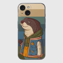 Чехол для iPhone 15 силиконовый с защитой камеры Хорек на полосатом фоне