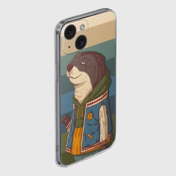 Чехол для iPhone 15 силиконовый с защитой камеры Хорек на полосатом фоне - фото 2