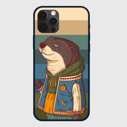 Чехол для iPhone 12 Pro Хорек на полосатом фоне