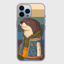 Чехол для iPhone 14 Pro Max Хорек на полосатом фоне