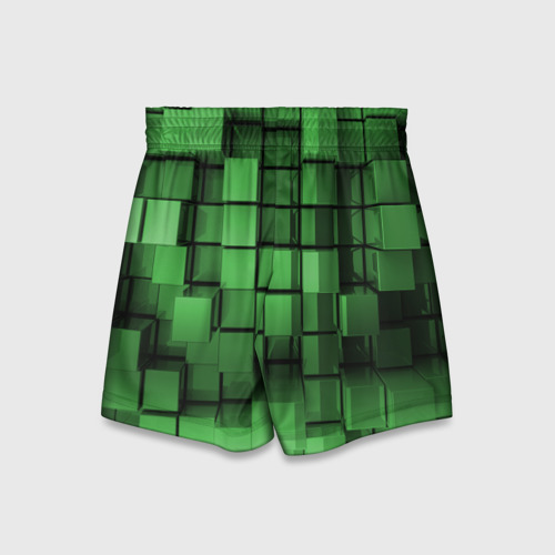 Детские спортивные шорты 3D с принтом Киберпанк броня - зелёные металлические кубы, вид сзади #1