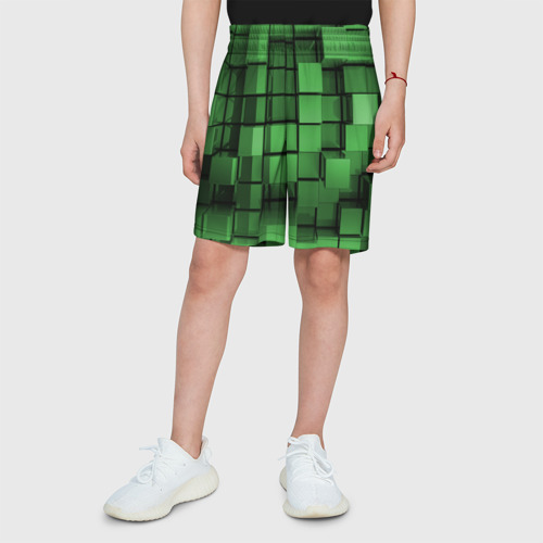 Детские спортивные шорты 3D с принтом Киберпанк броня - зелёные металлические кубы, вид сбоку #3