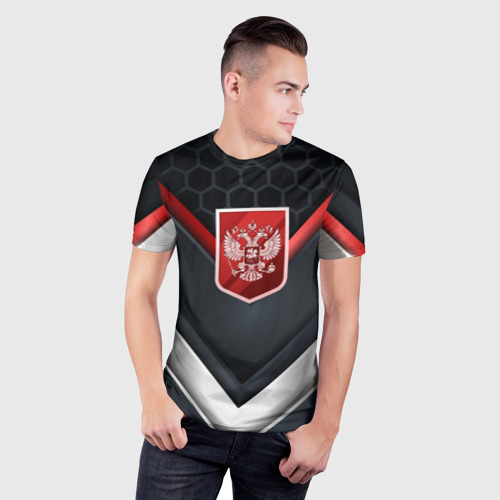 Мужская футболка 3D Slim с принтом Красный герб России, фото на моделе #1