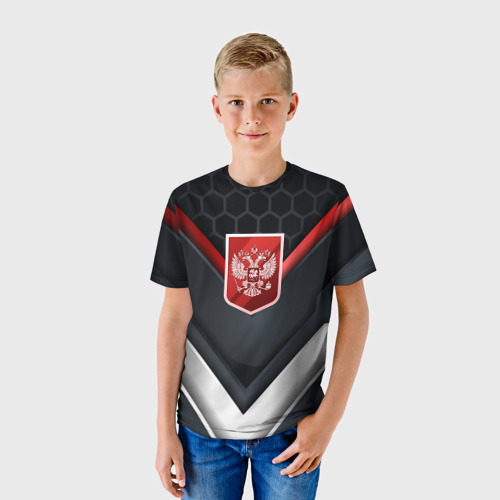 Детская футболка 3D с принтом Красный герб России, фото на моделе #1