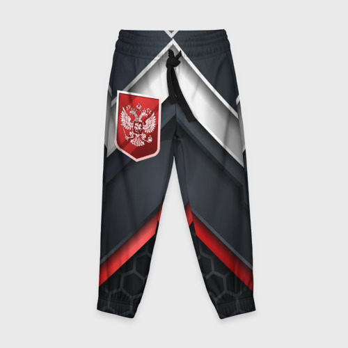 Детские брюки 3D с принтом Герб России на объемном фоне, вид спереди #2