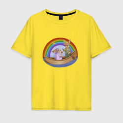 Мужская футболка хлопок Oversize Кролики на лодке под радугой