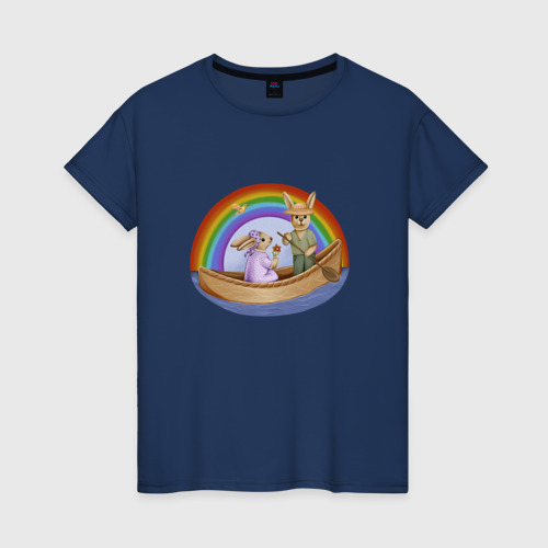 Женская футболка хлопок с принтом Кролики на лодке под радугой, вид спереди #2