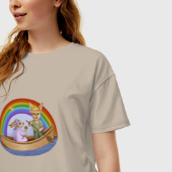 Женская футболка хлопок Oversize Кролики на лодке под радугой - фото 2