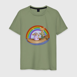 Мужская футболка хлопок Кролики на лодке под радугой