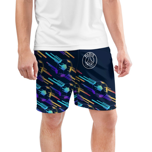 Мужские шорты спортивные с принтом PSG градиентные мячи, фото на моделе #1