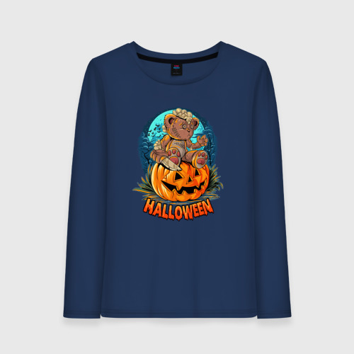 Женский лонгслив хлопок Halloween    Мишка на тыкве, цвет темно-синий