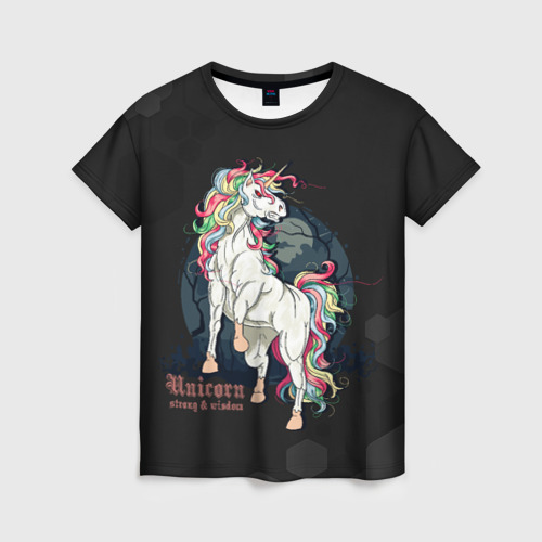Женская футболка 3D с принтом Единорог в темном лесу, вид спереди #2