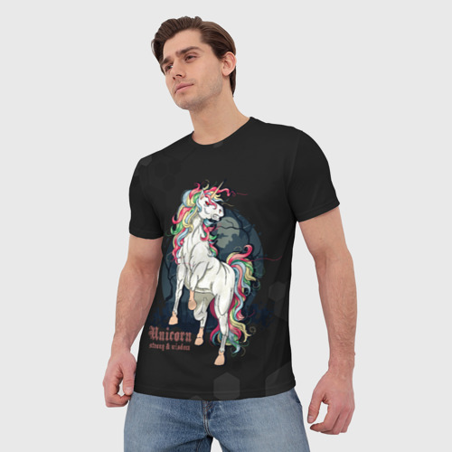 Мужская футболка 3D с принтом Единорог в темном лесу, фото на моделе #1