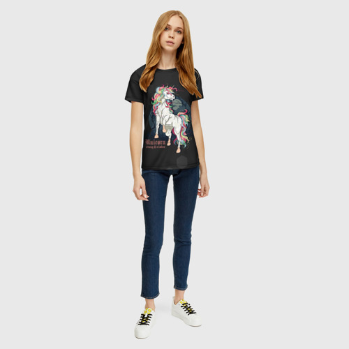 Женская футболка 3D с принтом Единорог в темном лесу, вид сбоку #3