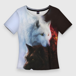 Женская футболка 3D Slim Черный и белый волк инь и ян