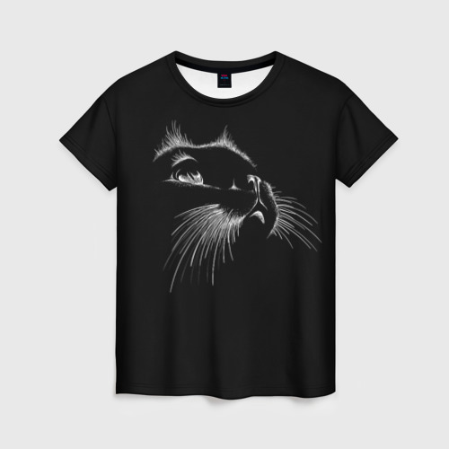 Женская футболка с принтом Мордочка кота на черном, вид спереди №1