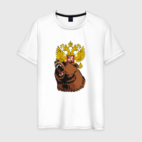 Мужская футболка из хлопка с принтом Патриотичный медведь на фоне герба, вид спереди №1