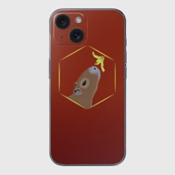 Чехол для iPhone 15 силиконовый с защитой камеры Капибара нюхает цветок на бордовом фоне