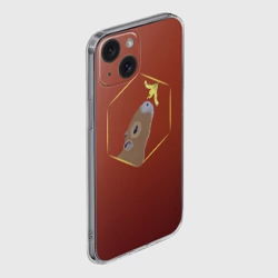 Чехол для iPhone 15 силиконовый с защитой камеры Капибара нюхает цветок на бордовом фоне - фото 2