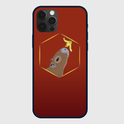 Чехол для iPhone 12 Pro Капибара нюхает цветок на бордовом фоне