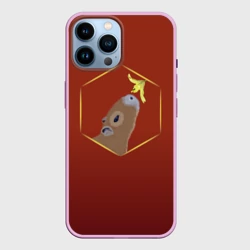 Чехол для iPhone 14 Pro Max Капибара нюхает цветок на бордовом фоне