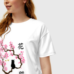 Женская футболка хлопок Oversize Котик на ветке сакуры - фото 2