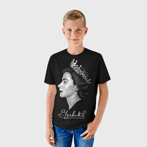 Детская футболка 3D с принтом Английская королева Елизавета II, фото на моделе #1
