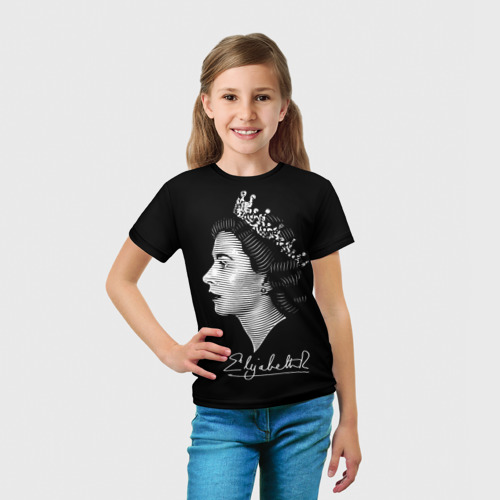 Детская футболка 3D с принтом Английская королева Елизавета II, вид сбоку #3