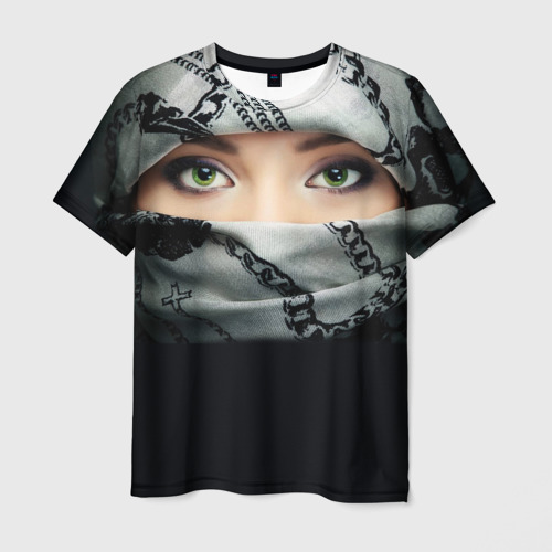 Мужская футболка 3D с принтом Зеленоглазая девушка в хиджабе, вид спереди #2