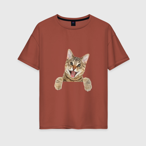 Женская футболка хлопок Oversize Домашний коричневый котёнок, цвет кирпичный