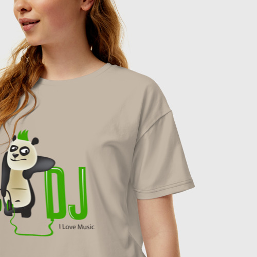 Женская футболка хлопок Oversize DJ панда я люблю музыку, цвет миндальный - фото 3