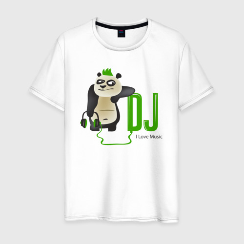 Мужская футболка из хлопка с принтом DJ панда я люблю музыку, вид спереди №1